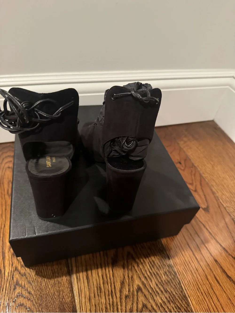 Saint Laurent Black Suede Lace-Up Peep-Toe Heels with Ankle Wrap - Picture 4 of 5